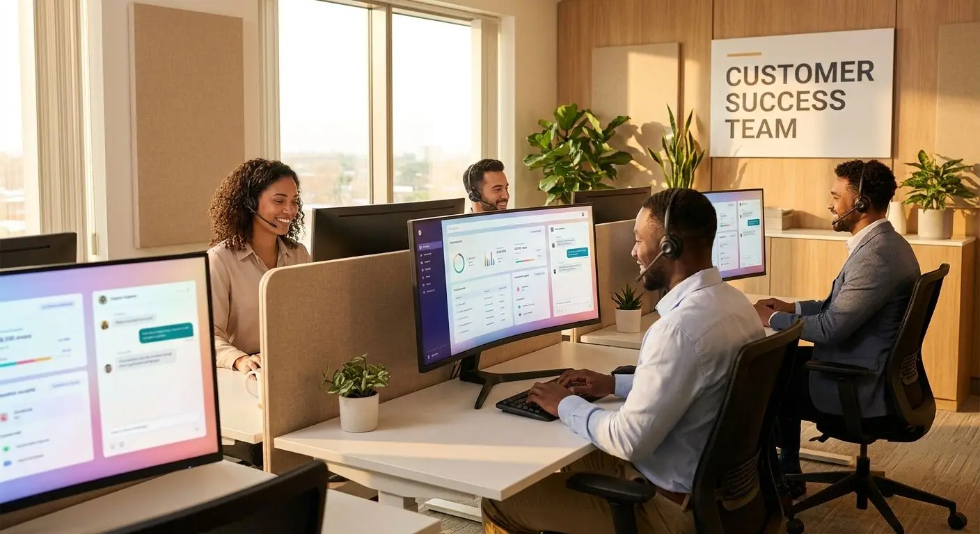 Customer support team in a professional corporate environment
