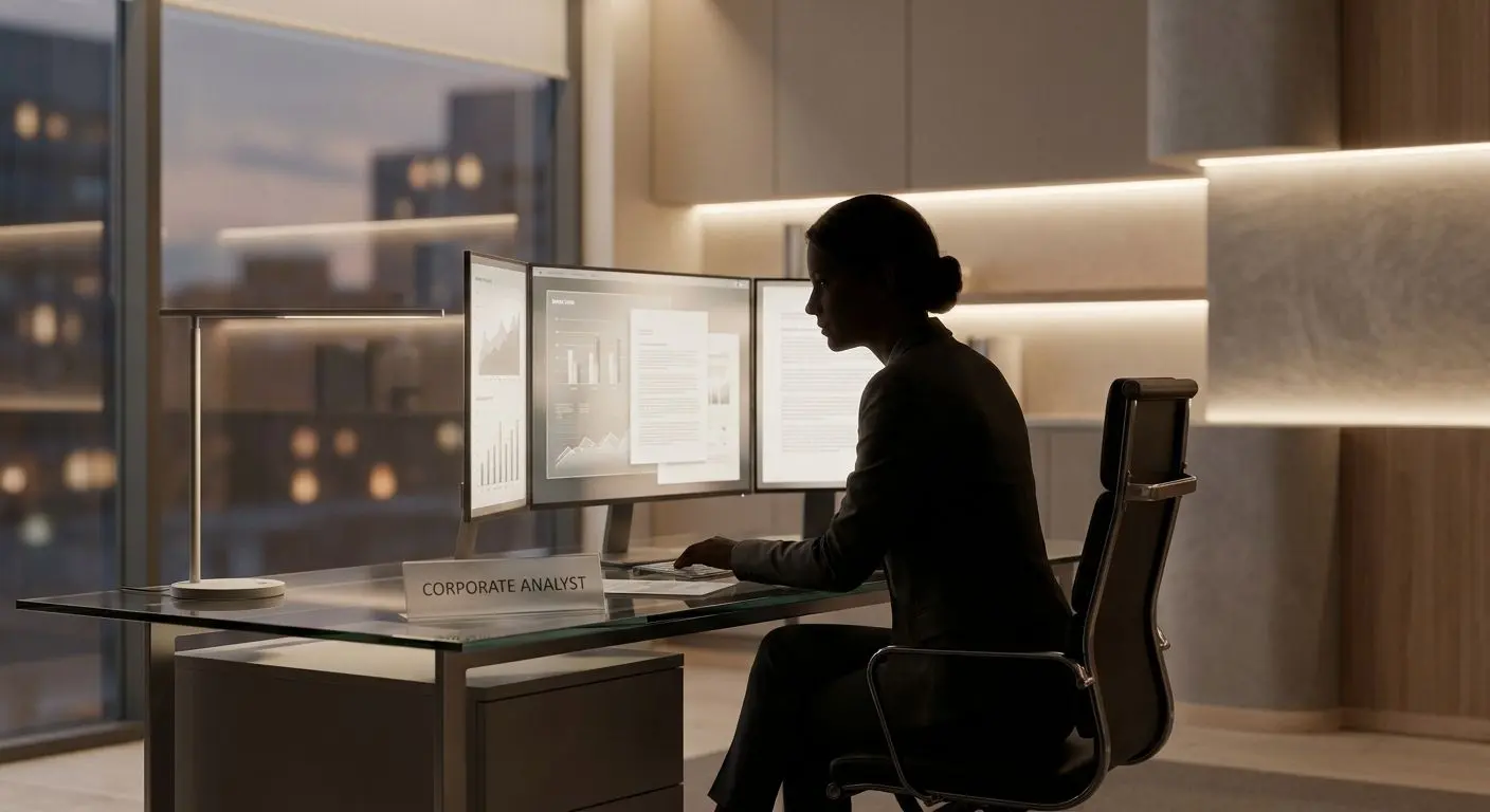 Fictional corporate analyst profile image in a professional office setting