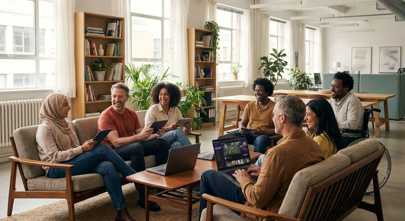 Diverse team and player community in a modern inclusive office setting