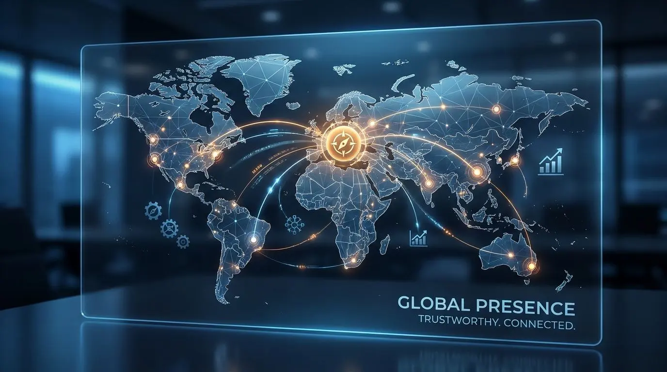 Abstract global map showing central office coordination and international reach