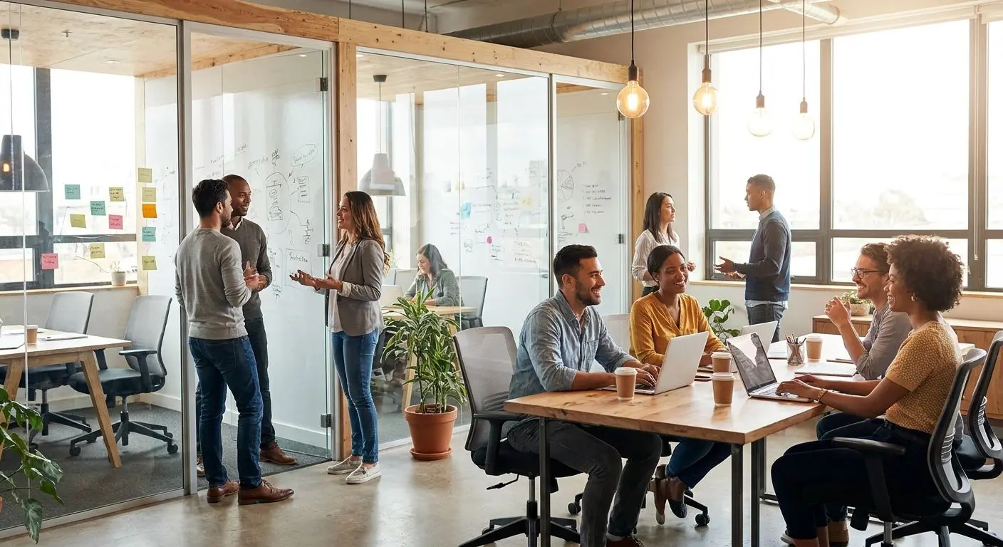Office team working together in a creative and friendly environment