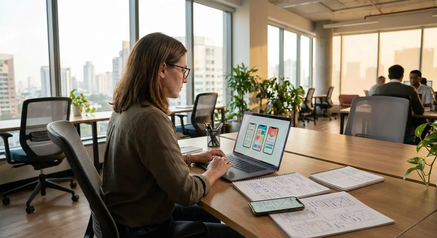 Fictional expert reviewing a mobile app on laptop and phone