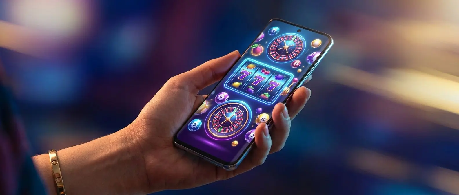 Hand holding an Android phone with a bright mobile gaming interface on screen
