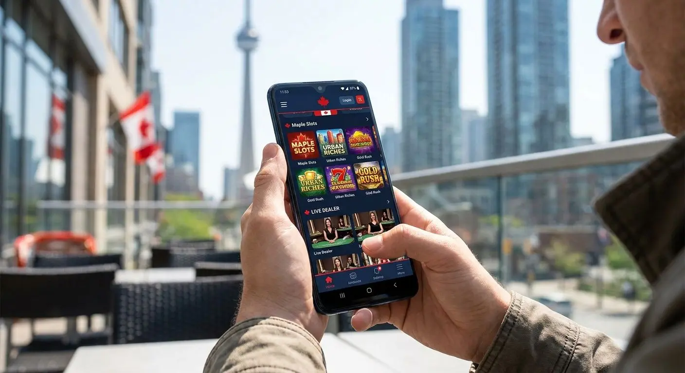 Android phone in hand showing mobile app lobby with Canadian theme