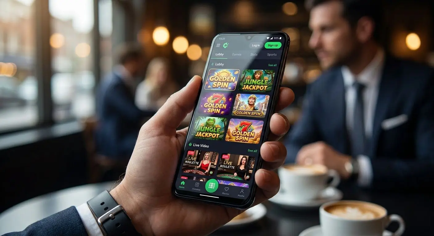 Android phone showing a bright mobile games lobby with slots and live game icons