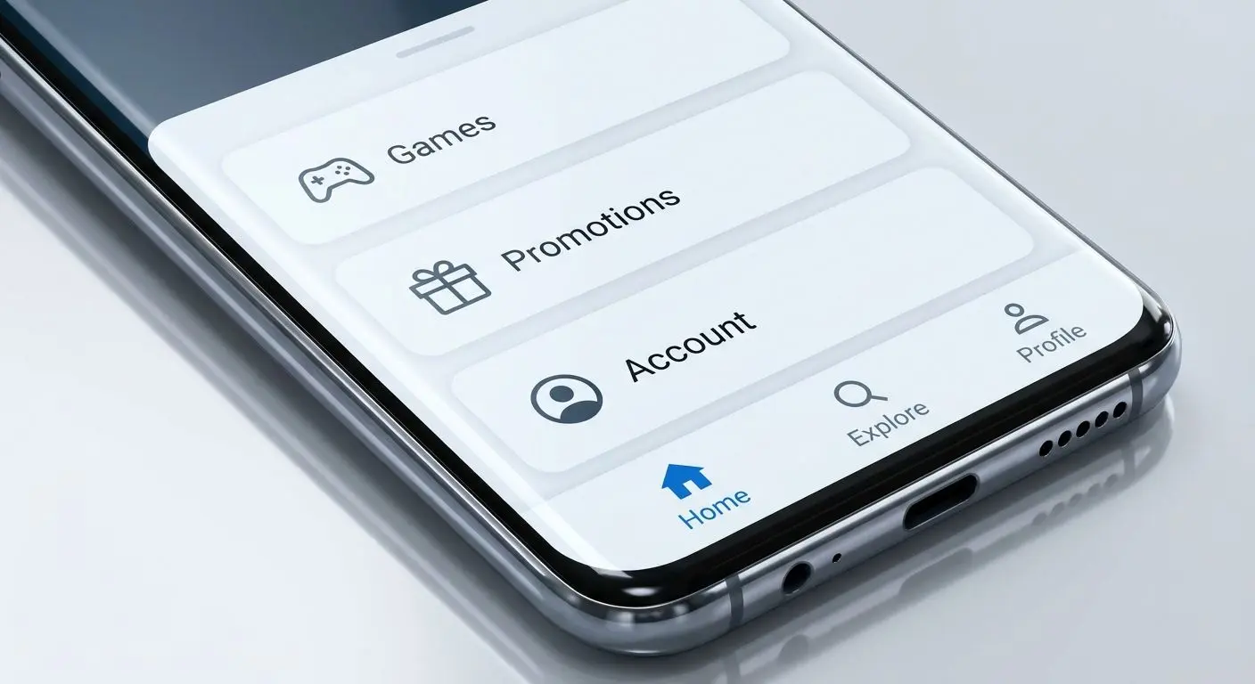 Android app interface showing games promotions and account sections
