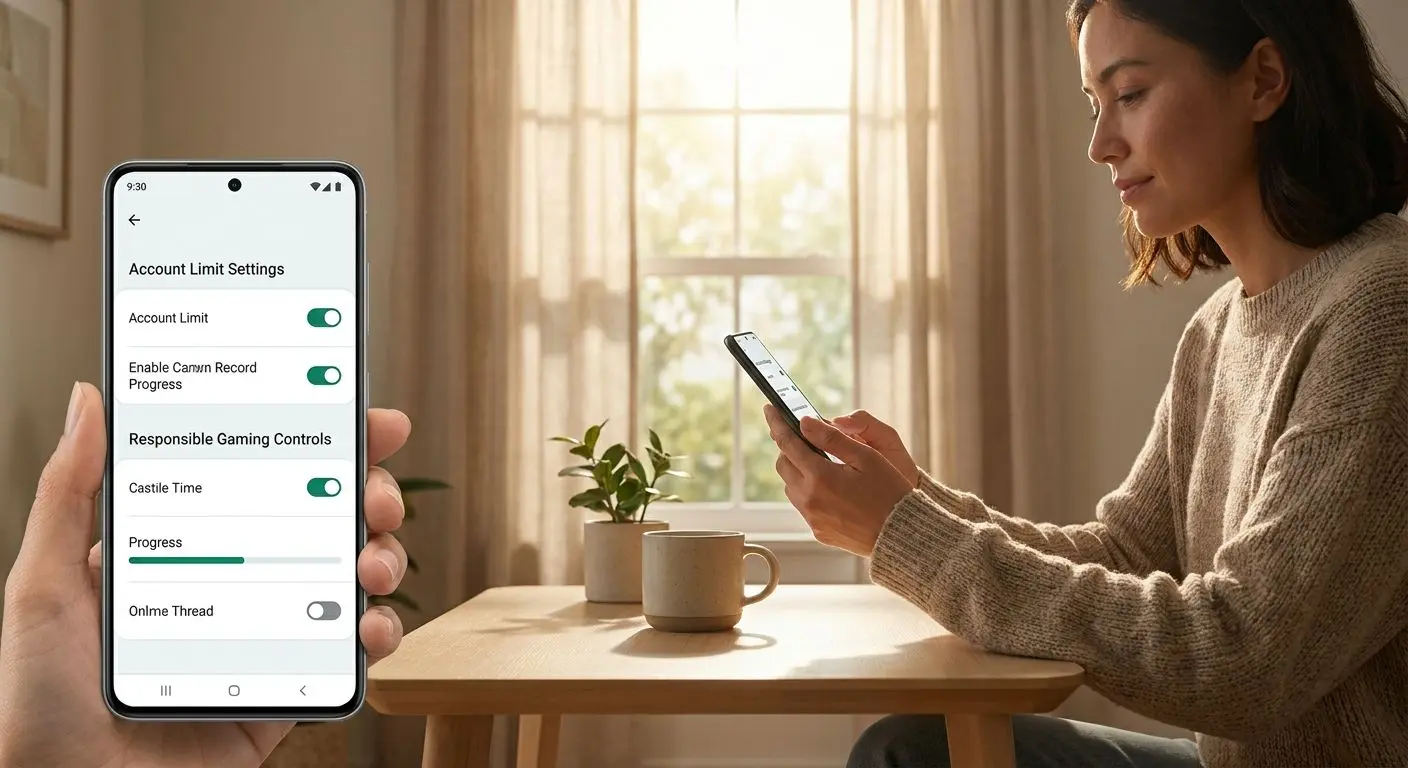 Person using an Android phone in a calm setting with focus on responsible mobile play