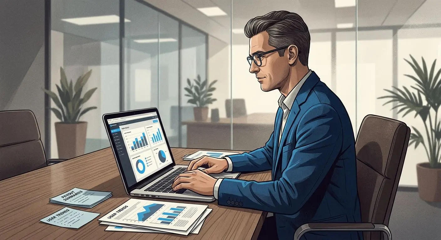 Illustration of an online platform analyst reviewing payout data