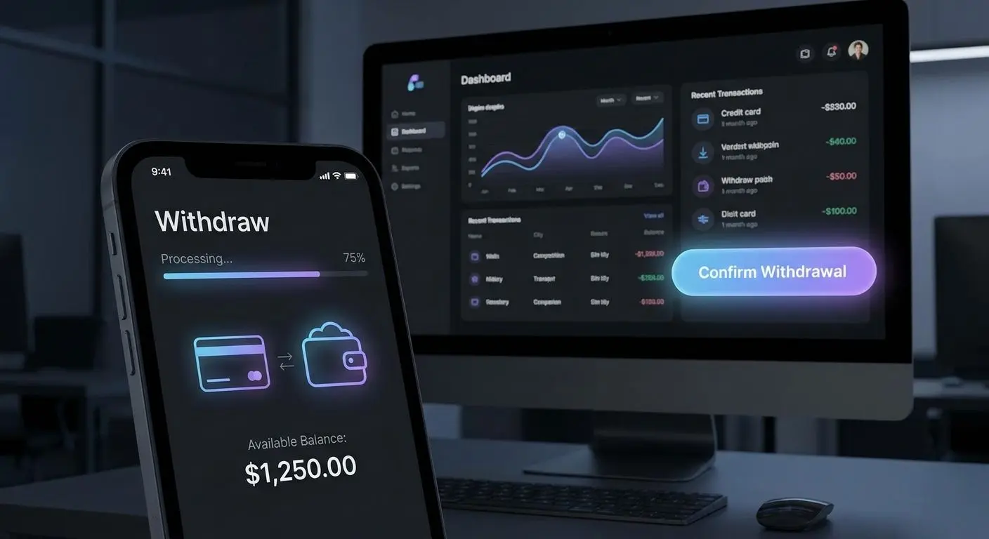 Simple fictional withdrawal interface showing transparent payout steps