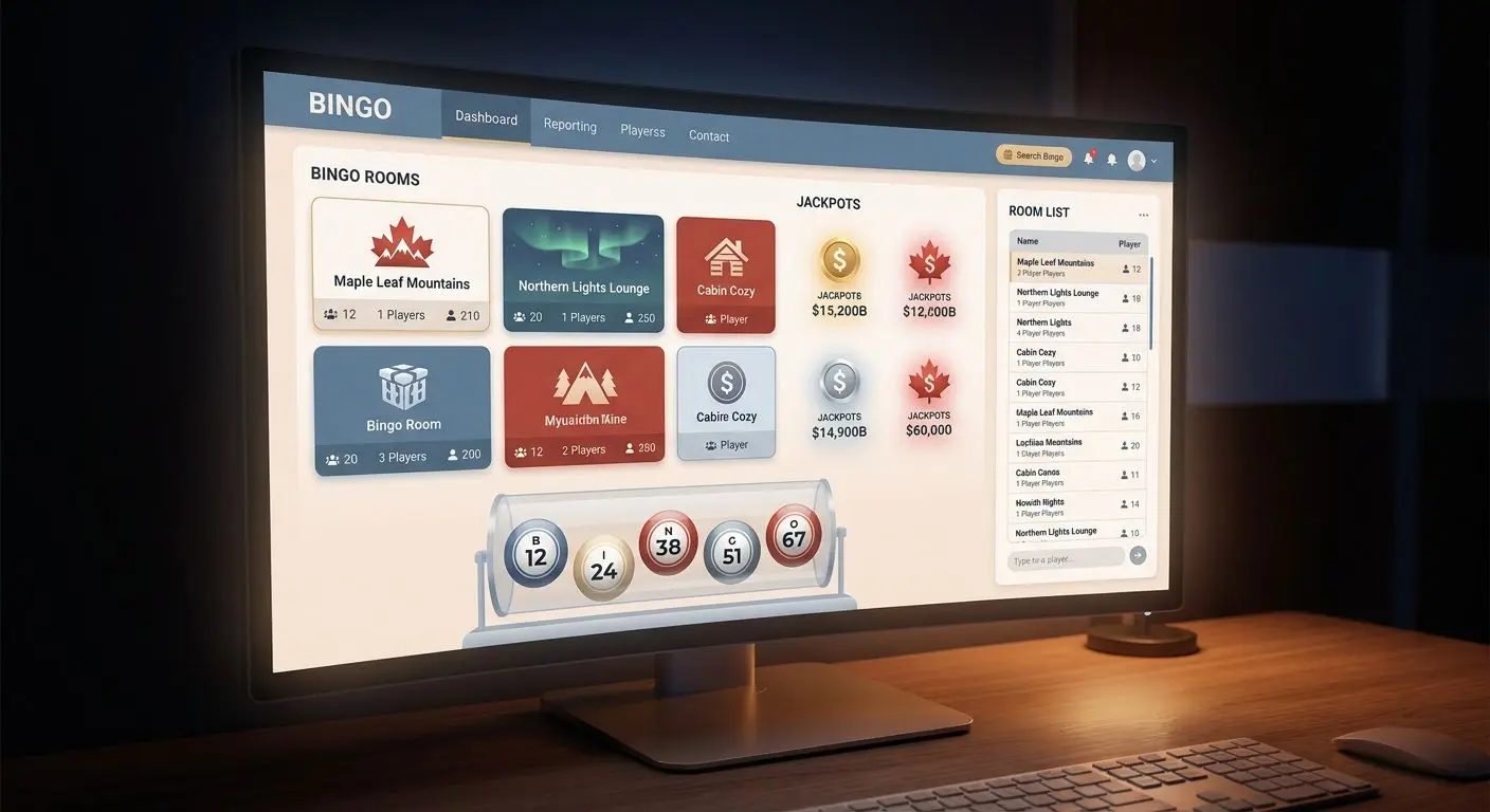 Illustration of an online bingo lobby with multiple room options and jackpots