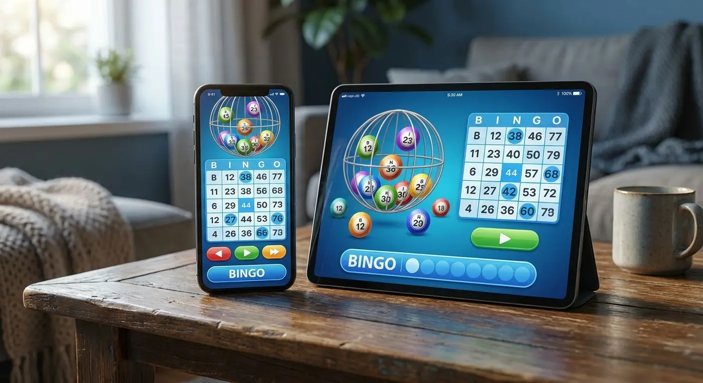 Mobile device showing an online bingo interface on phone and tablet