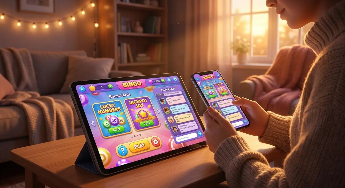 PlayOJO Bingo Mobile Experience Mobile bingo lobby displayed on smartphone with room cards and chat