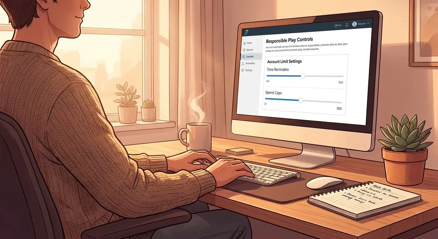 Responsible Play Settings Player checking account limit settings in a calm home environment