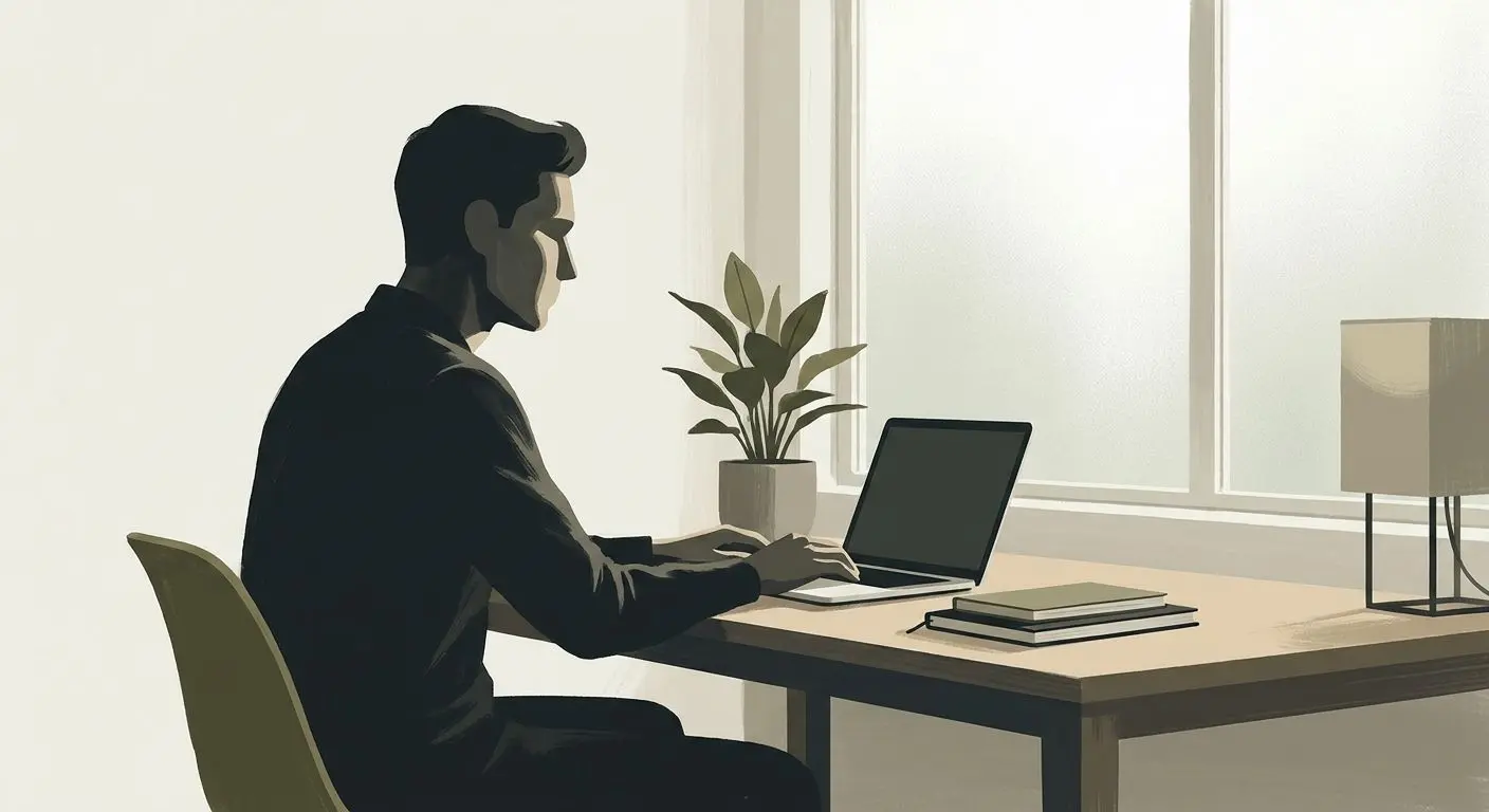 Fictional expert working on a laptop for author section