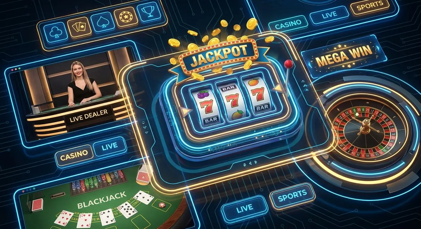 Variety of online games including slots, live tables and jackpots