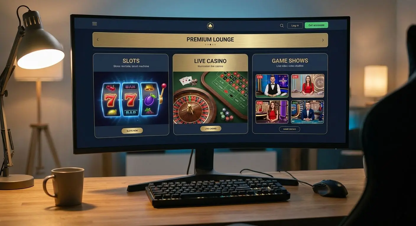 Online gaming lobby with slots, roulette and live game sections