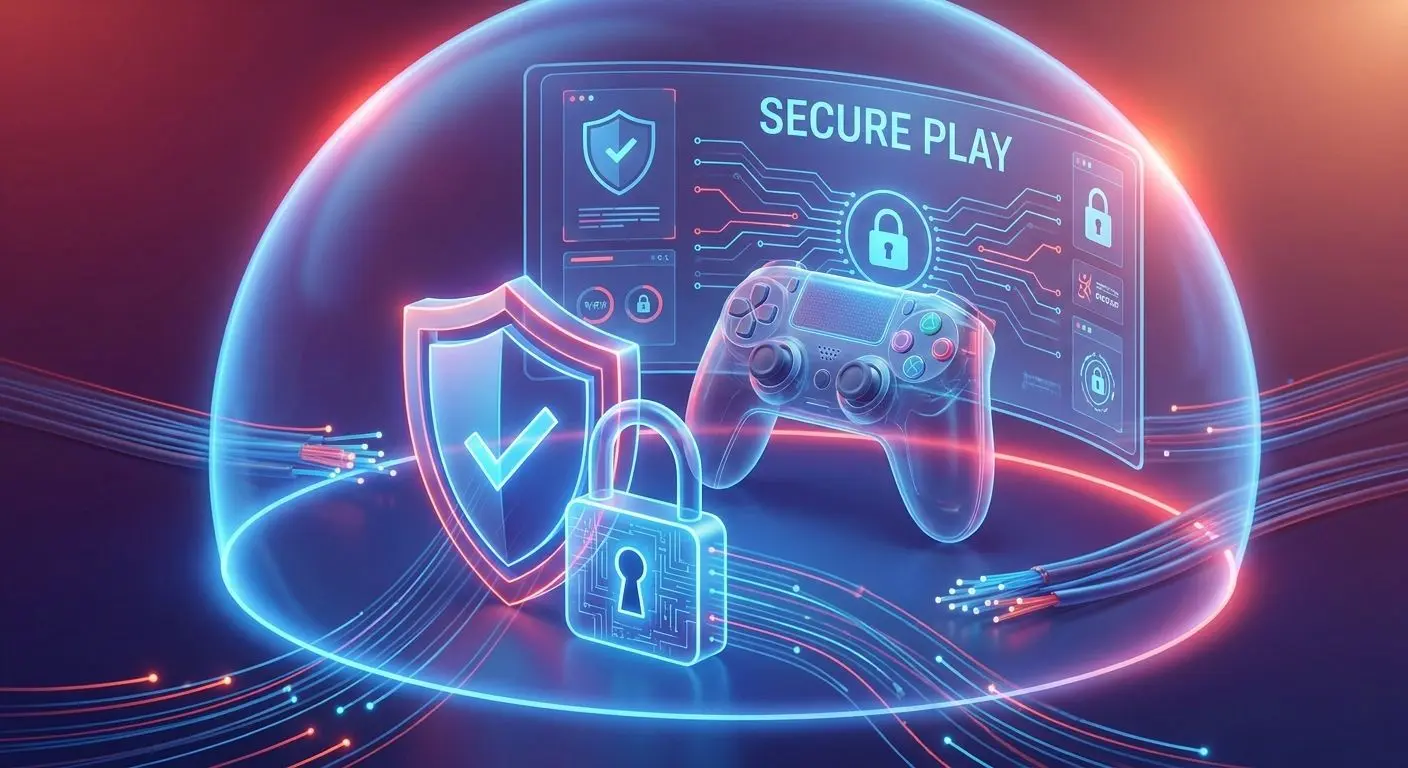 Secure online gaming illustration with shield and lock icons