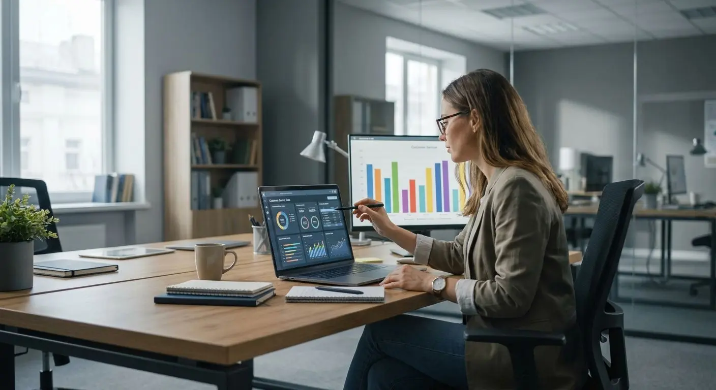 Expert analysing support data at a laptop