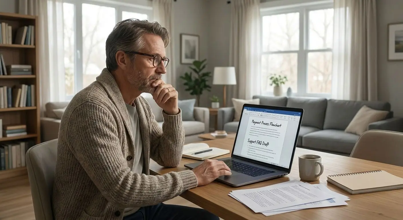 Fictional author working on a laptop in a home office