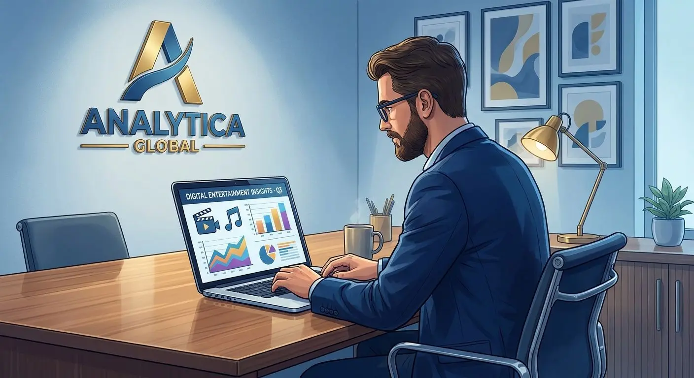 Editorial illustration of a casino content analyst in a PlayOJO-style workspace
