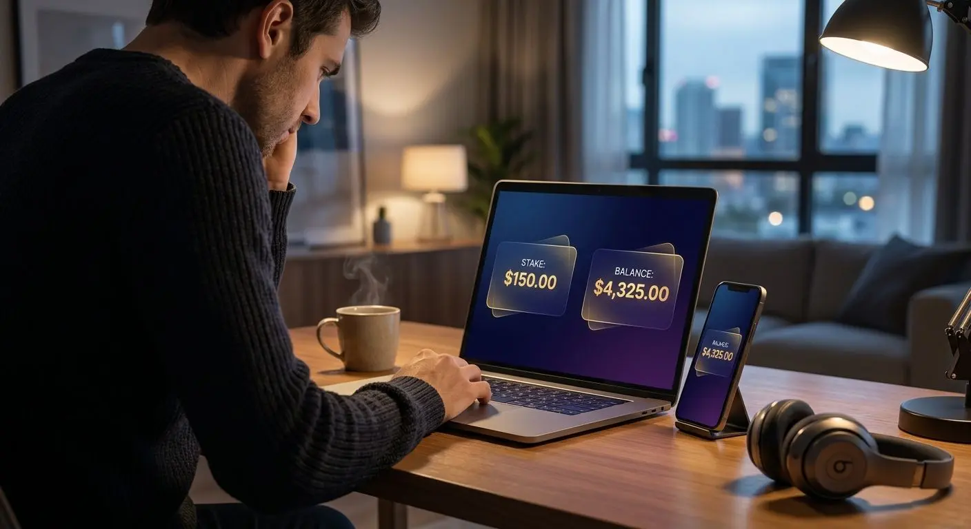 Modern high roller-style online player using laptop and phone