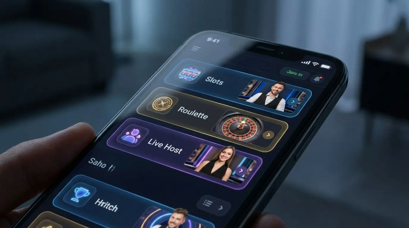 Smartphone showing mobile game lobby with slots and live tables