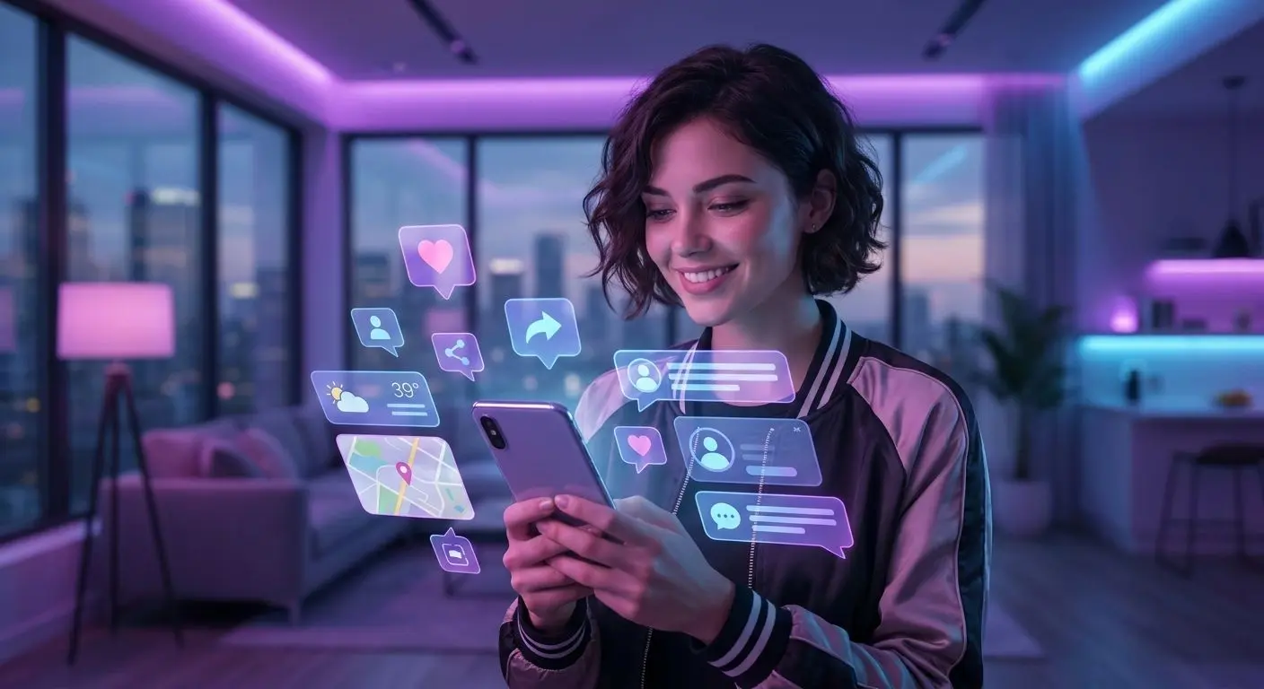 Person using smartphone with social icons and app interface elements