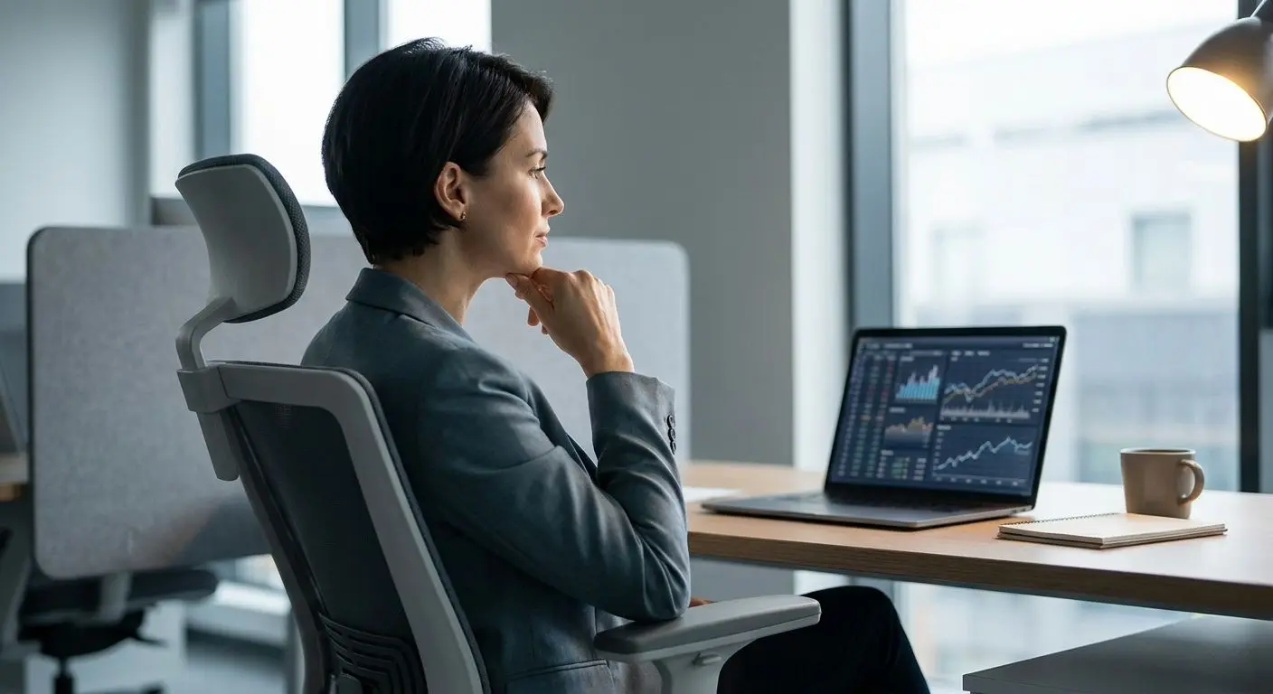 Fictional analyst in a professional workspace reviewing feedback data