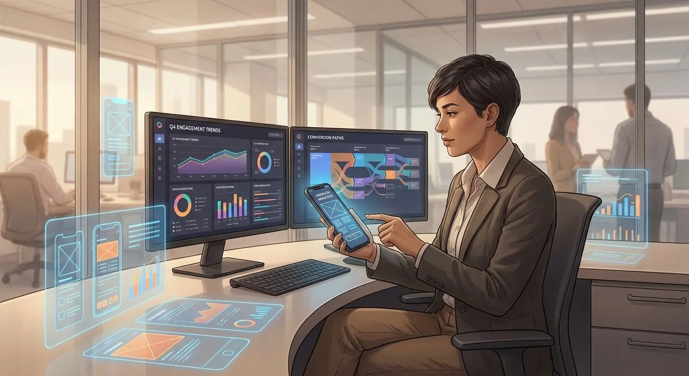 Fictional analyst reviewing mobile app data on multiple screens