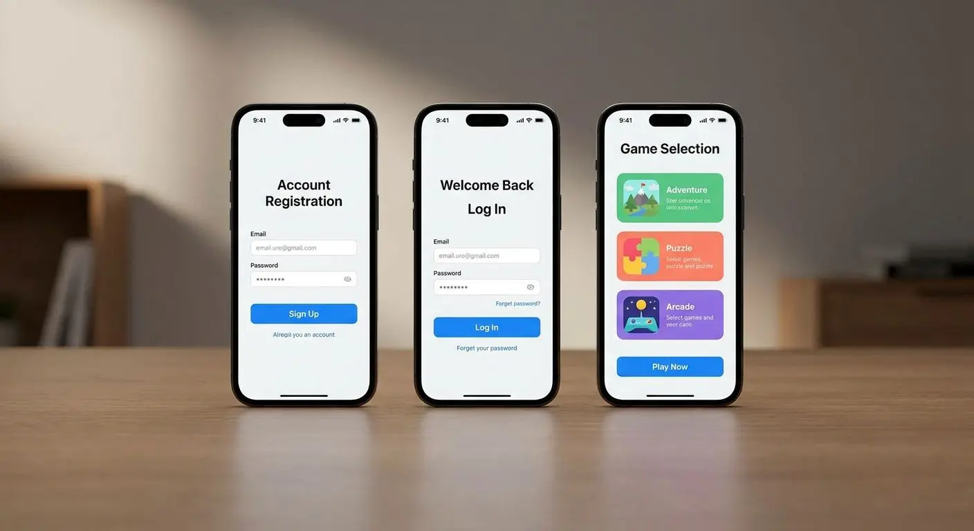 Mobile app setup screens from registration to game selection