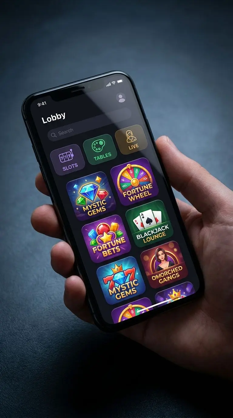 Generic iOS app lobby with slot and live categories on smartphone