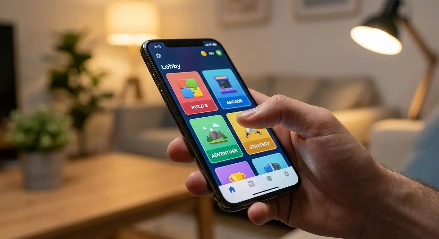 Hand holding iPhone with mobile gaming lobby open