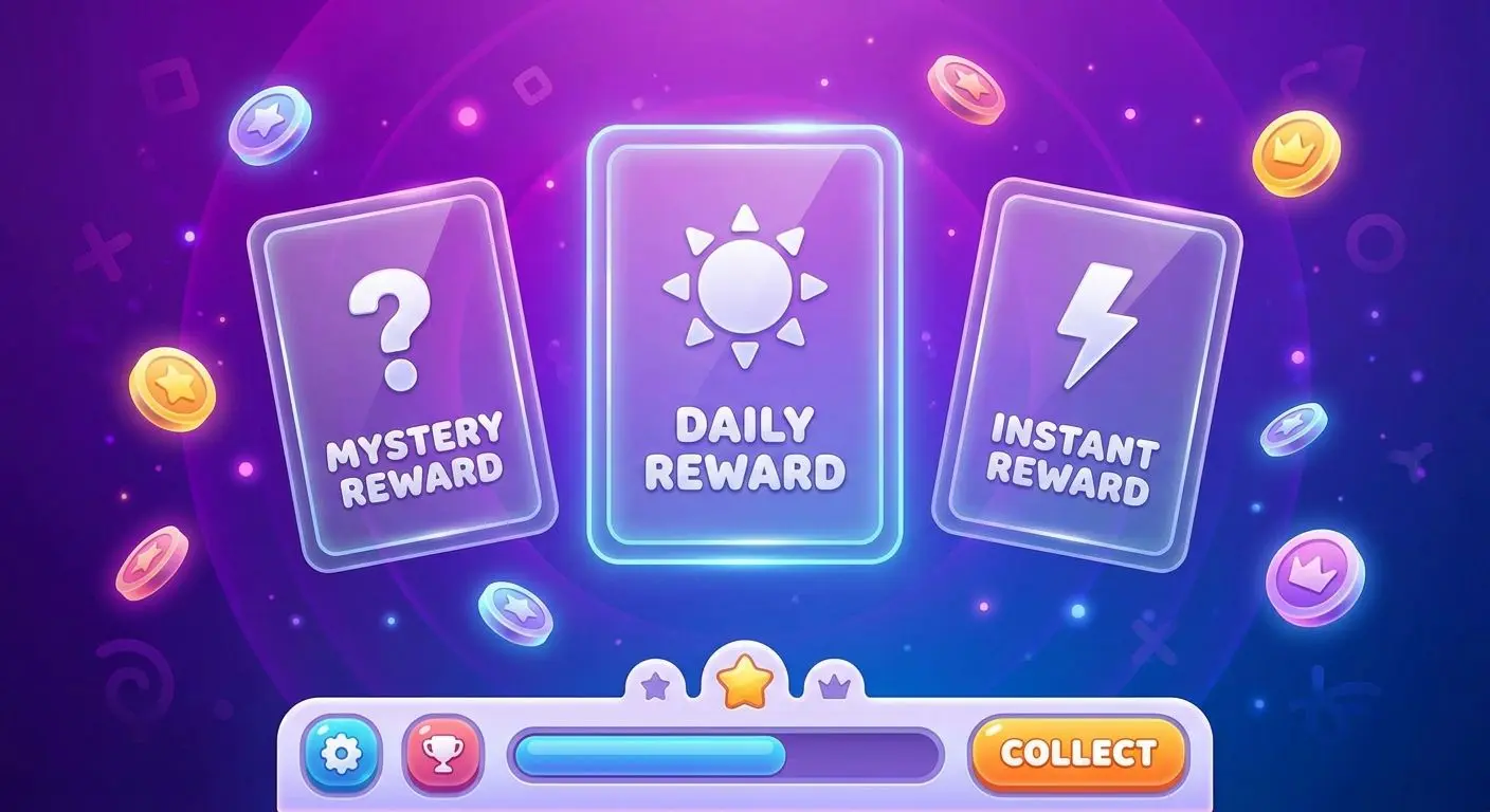 Gamified illustration of daily, mystery and instant reward card types