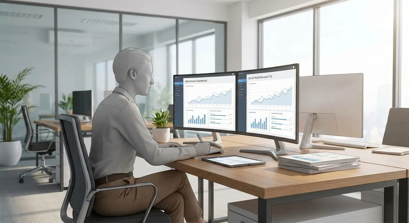 Fictional analyst reviewing promotion data on screen