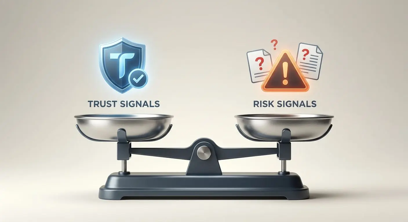 Balanced scales showing positive and warning trust signals