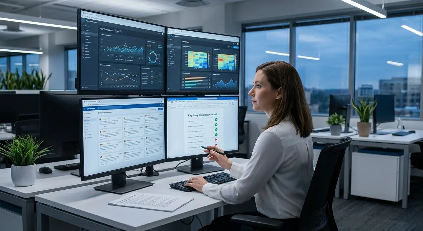 Analyst reviewing feedback data and compliance checks