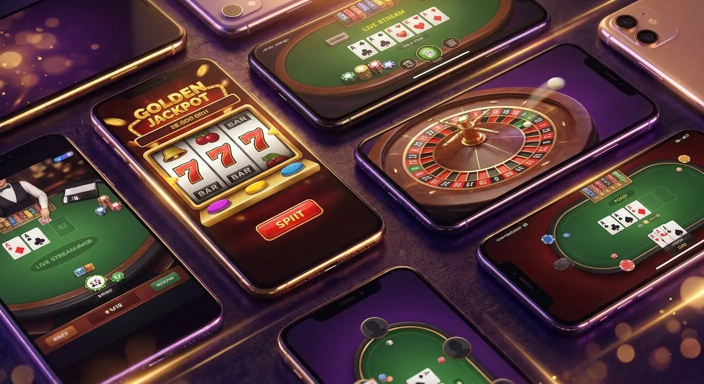 Different mobile game categories shown across several smartphones