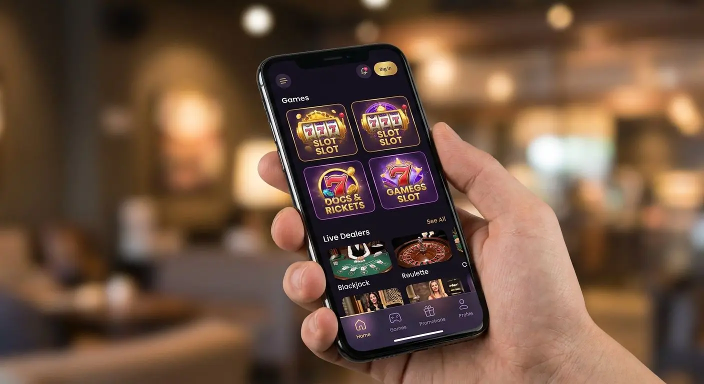 Smartphone showing a simple mobile lobby with touch-friendly navigation