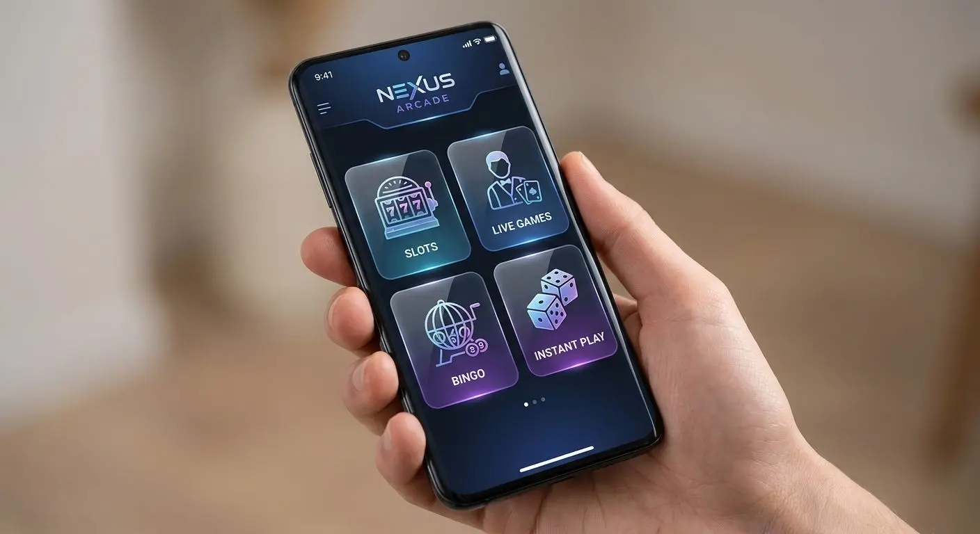 Mobile lobby interface with slots live games and bingo on smartphone