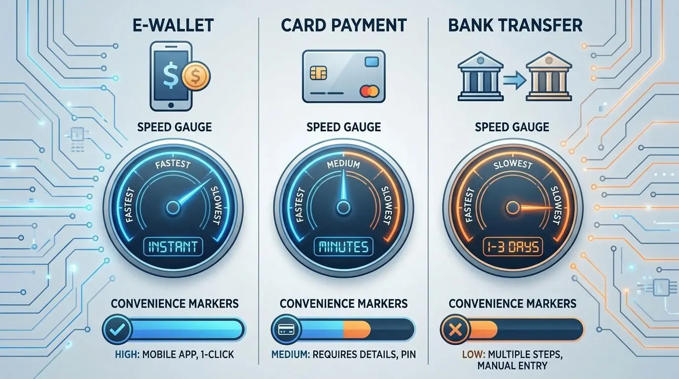 Comparison of e-wallet, card, and bank transfer withdrawal options