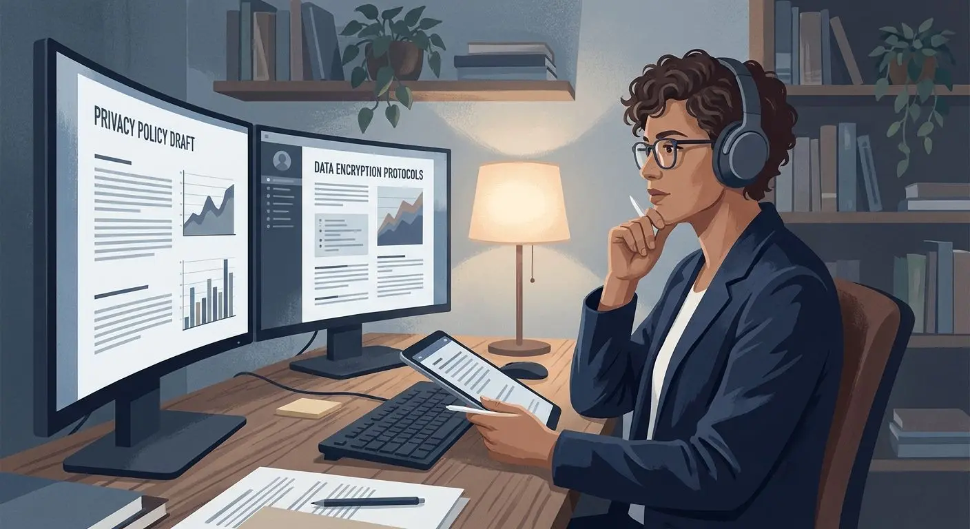 Illustration of a content and privacy expert reviewing policy documents