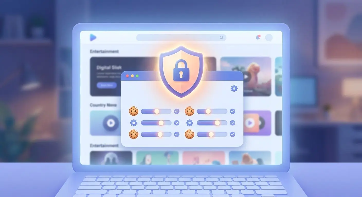 Data protection and cookie controls illustration Illustration of website privacy, cookie settings and data protection tools
