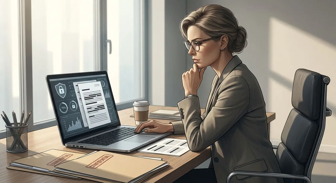 Privacy policy expert review illustration Fictional privacy analyst reviewing online data policy on a laptop