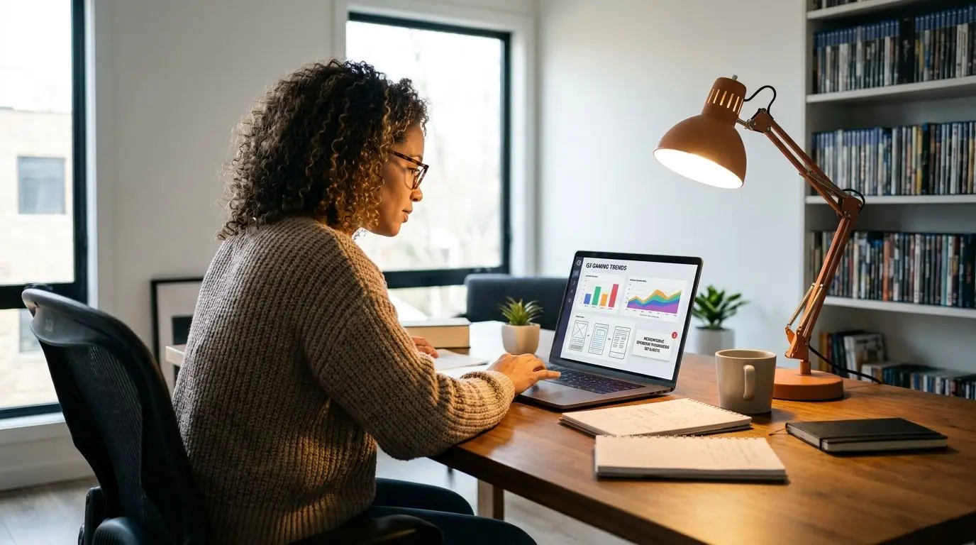 Fictional expert reviewing online gaming platform analysis on laptop