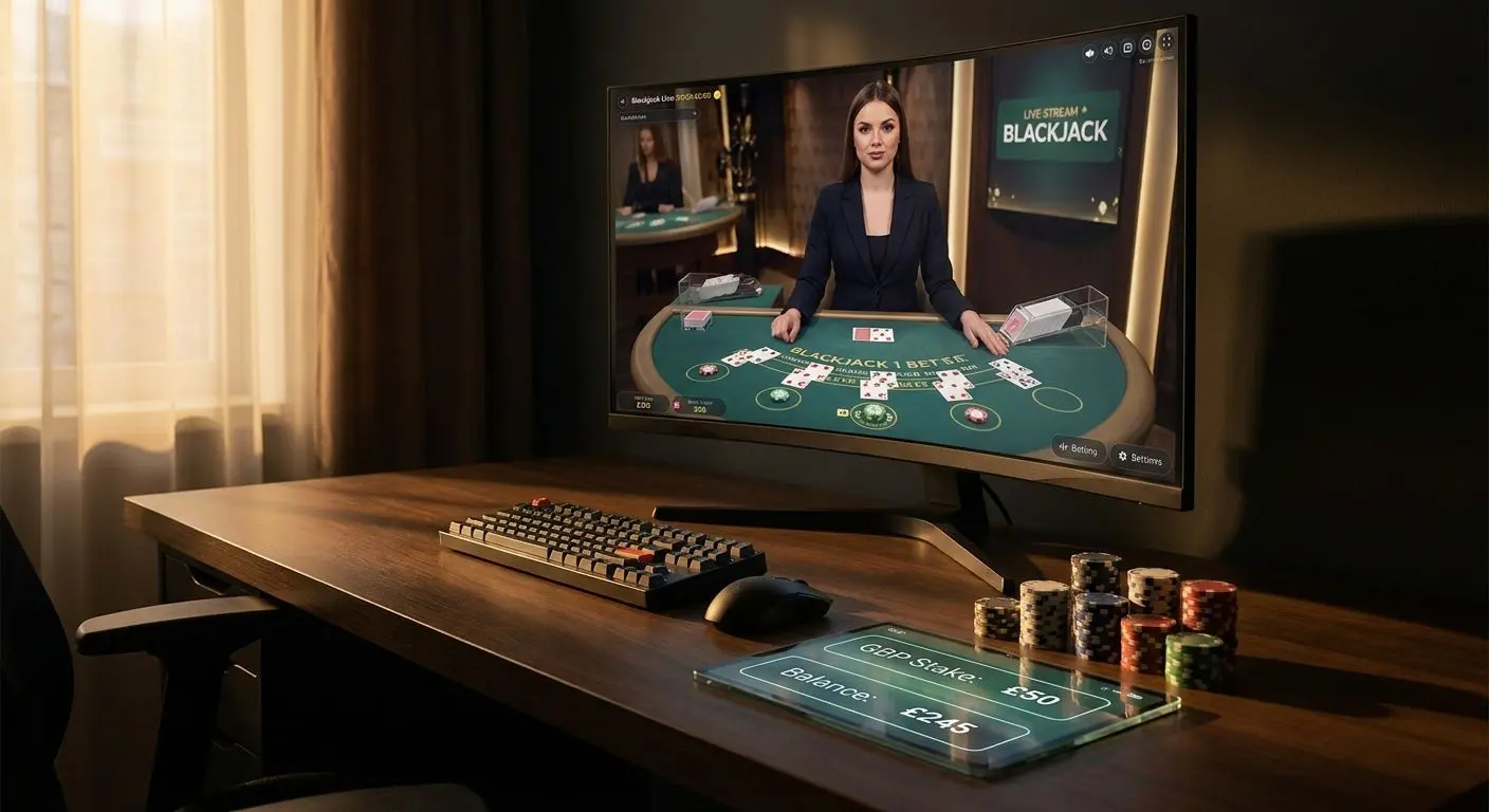 Live real money game interface with dealer and stake controls