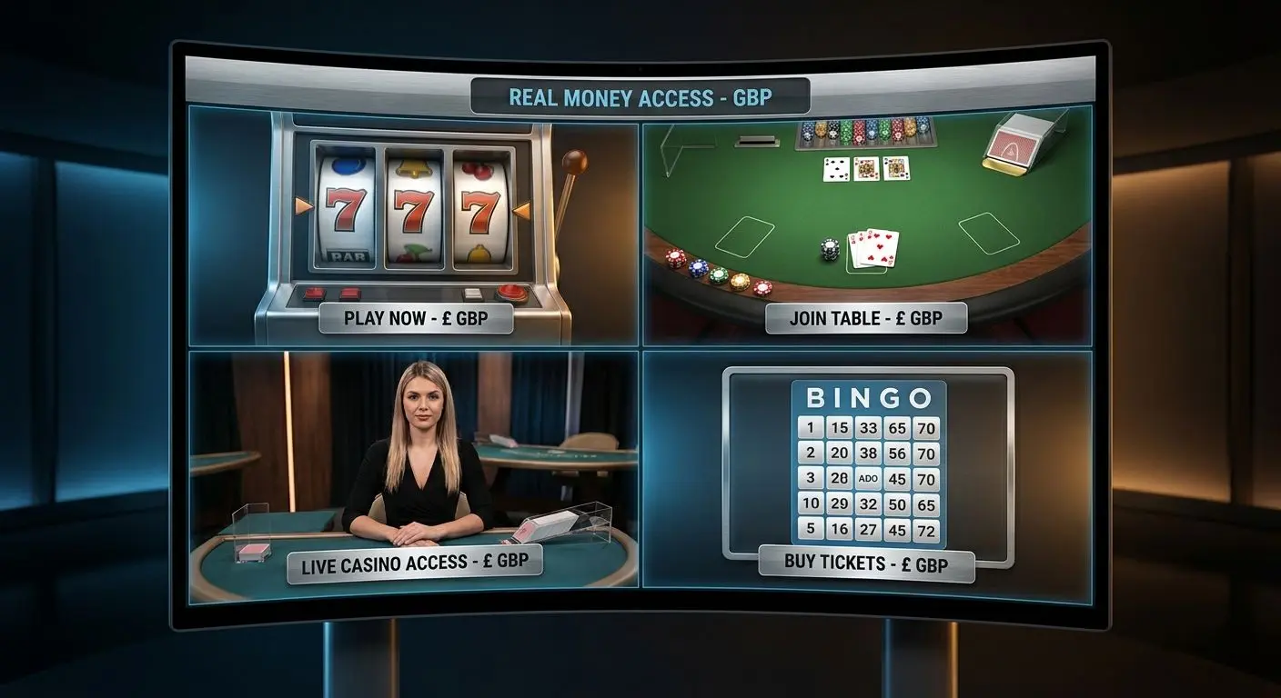 Collage of real money game types including slots, live tables and bingo