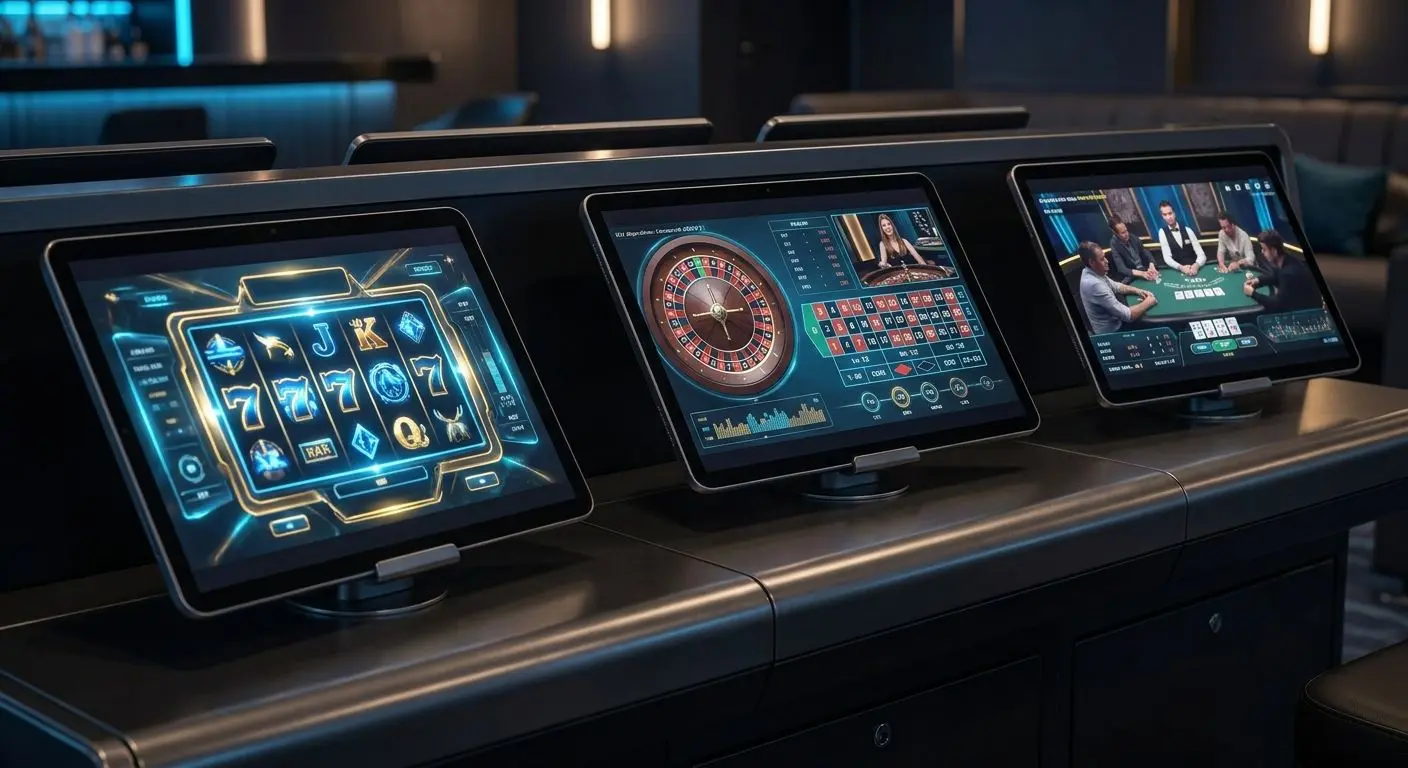 Different real money game types on screen including slots roulette and live tables