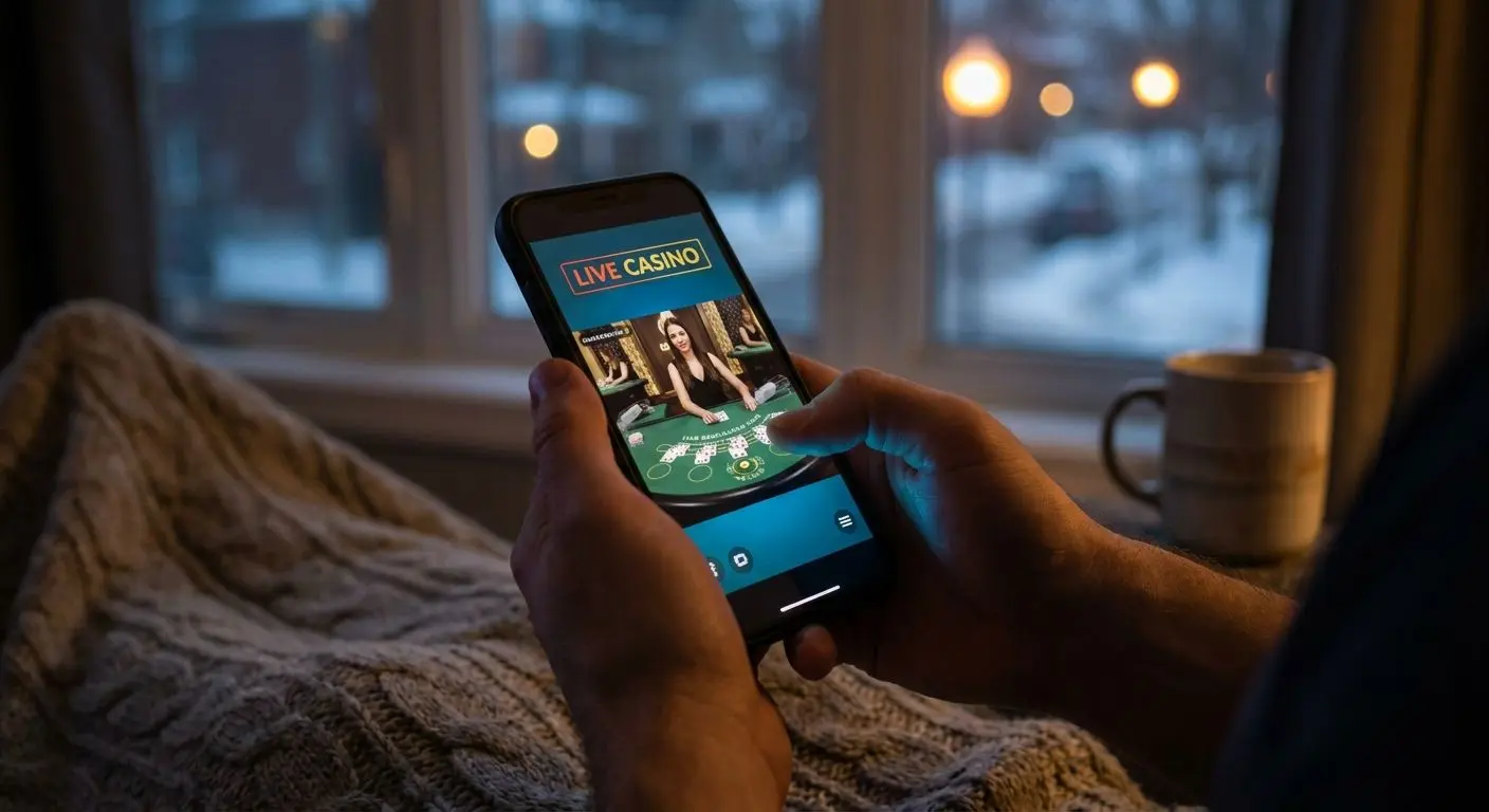 Player using smartphone for live table games at home