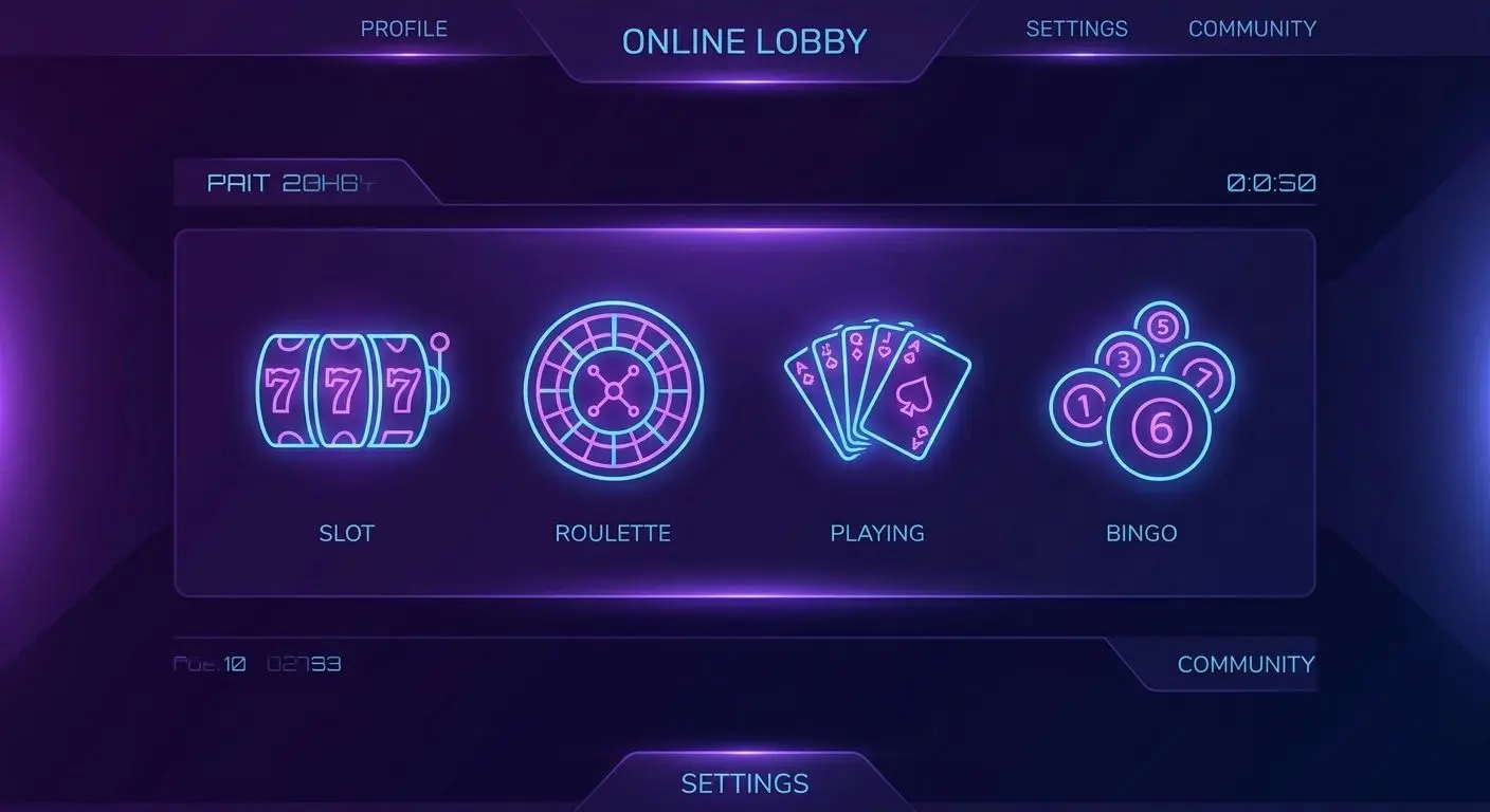 Abstract game lobby with icons for slots, cards, roulette and bingo