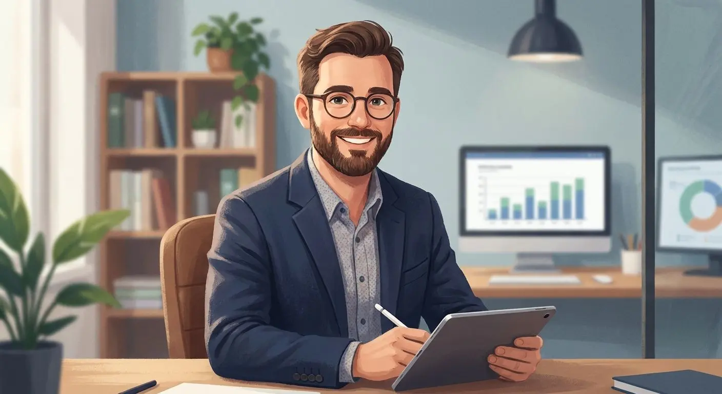 Friendly fictional content analyst in a professional setting